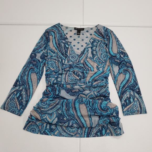 y2k Babydoll Blouse Top Womens Large Blue Paisley Sheer Ruched V Neck - Picture 1 of 8